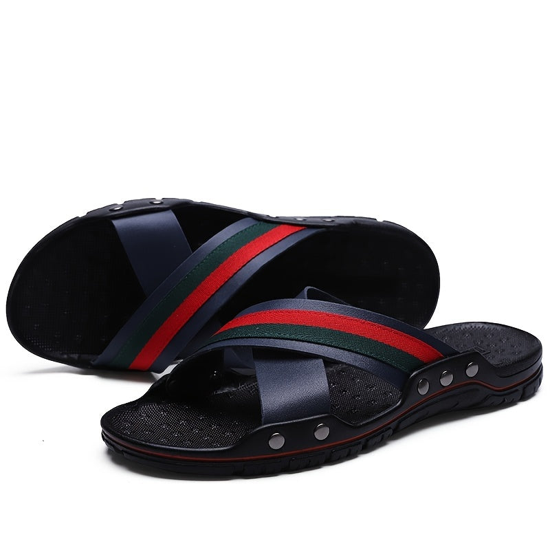 Men's Color Block Leather Slip On Anti-skid Quick Drying Slides Slippers For Indoor Outdoor Beach Pool, Rubber In Sole Chappal Sandals