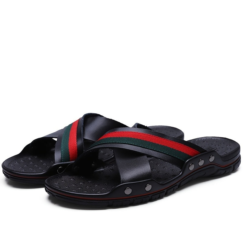 Men's Color Block Leather Slip On Anti-skid Quick Drying Slides Slippers For Indoor Outdoor Beach Pool, Rubber In Sole Chappal Sandals