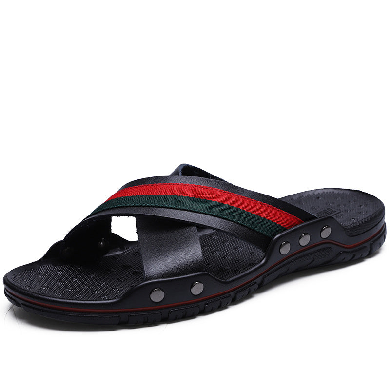 Men's Color Block Leather Slip On Anti-skid Quick Drying Slides Slippers For Indoor Outdoor Beach Pool, Rubber In Sole Chappal Sandals